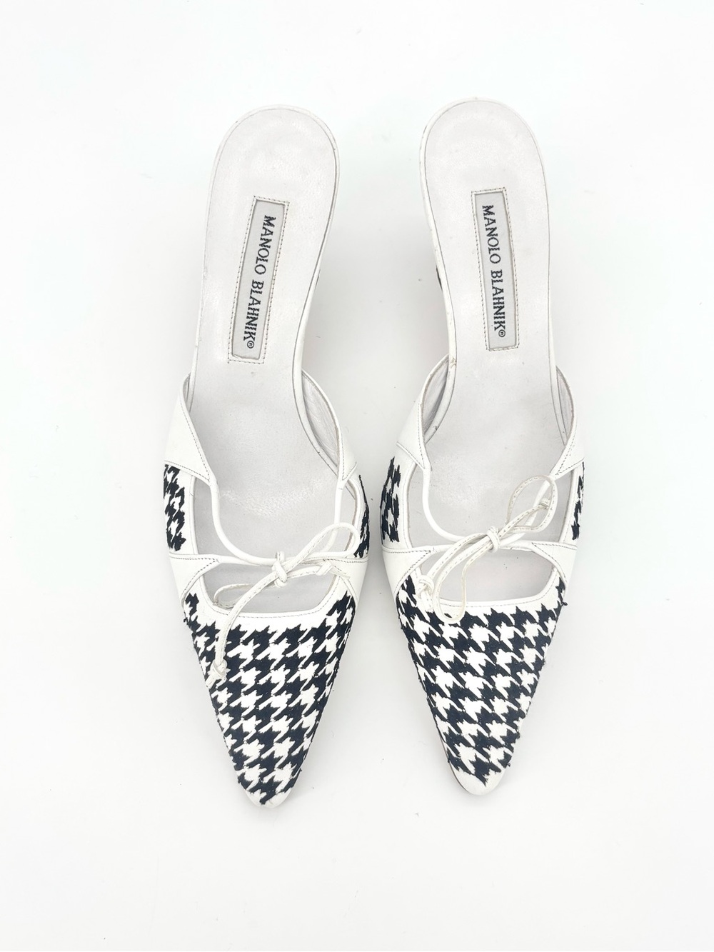 Manolo Blahnik Vintage Houndstooth Bow Pointed Toe Mules Sandals 38.5 - Picture 6 of 8